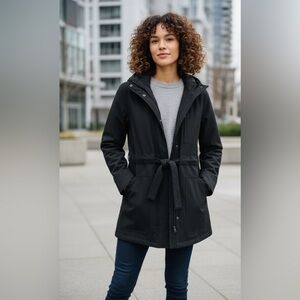 KIT AND ACE Black Hooded Shell Jacket with Waist Belt